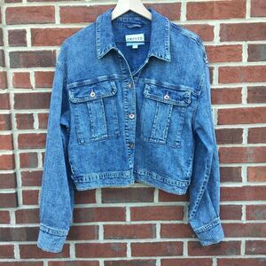 Frayed Jeans Cropped Denim Jacket Large Pleated Distressing Grunge Stone Wash